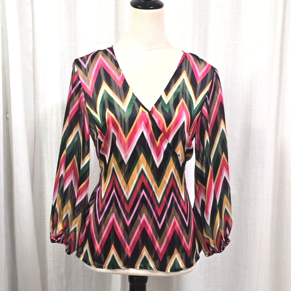 2/$30 INC Sheer Chevron Patterned V-Neck Wrap Blouse Size S Colorful‎ Geometric